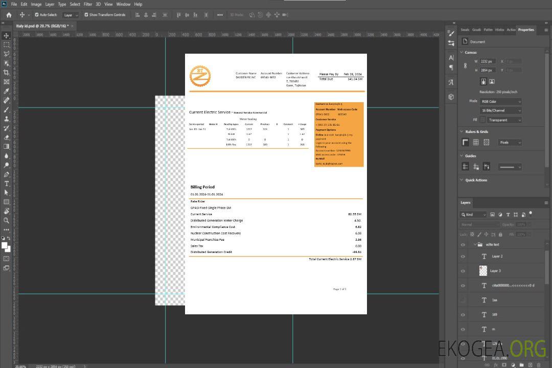 Modèle de facture de services publics d'électricité de la société Barqi Tojik du Tadjikistan aux formats Word et PDF template